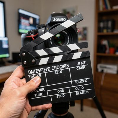 a clapperboard held in front of a lens