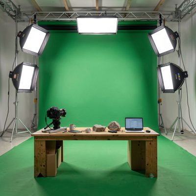 a green screen studio with lights
