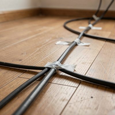 a cable run taped down across a floor