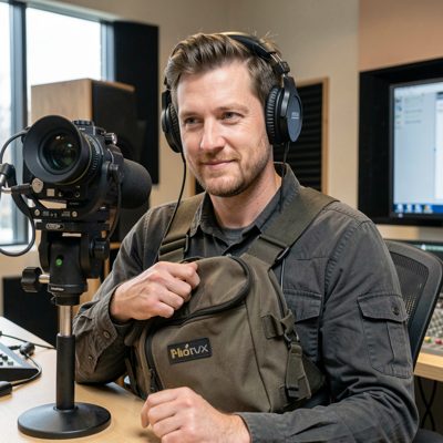 a sound recordist with a mixer bag