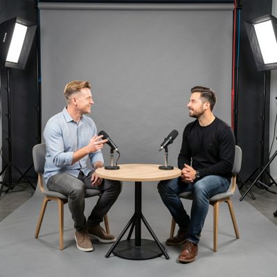 a studio backdrop with a two person interview