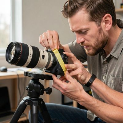 a camera assistant marking a lens with tape