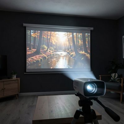 a projector throwing an image in a dark room
