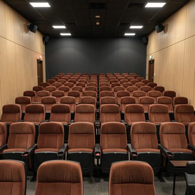 a screening room with rows of seats