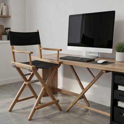 a director's chair beside a monitor