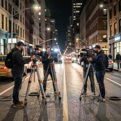 a film crew shooting on a city street at night