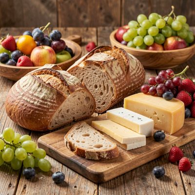 a rustic wooden table laid with fresh bread, cheese and fruit