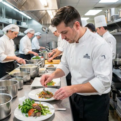 a chef plating food in a busy professional kitchen