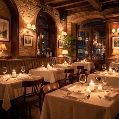 a warm restaurant interior at night with candlelit tables