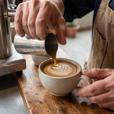 a barista pouring latte art into a ceramic cup
