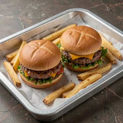 a burger and fries on a metal tray with paper lining