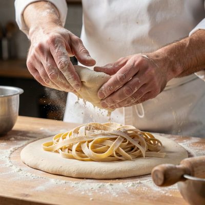 a chef's hands dusting flour over fresh pasta dough