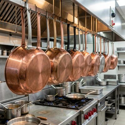 a row of copper pans hanging in a professional kitchen