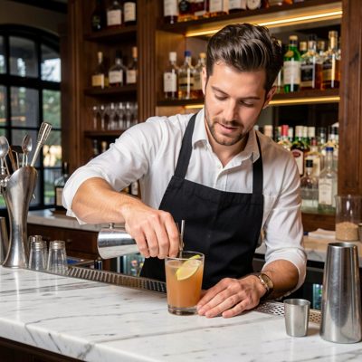a bartender shaking a cocktail behind a marble bar