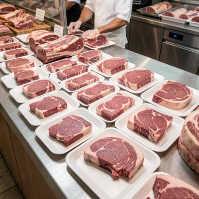 a butcher's counter with cuts arranged on white trays
