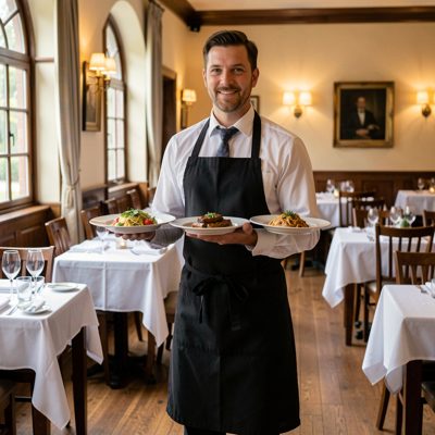 a waiter carrying three plates through a dining room