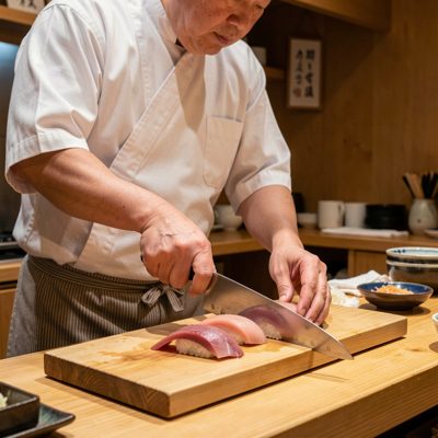 a sushi chef slicing fish at a wooden counter