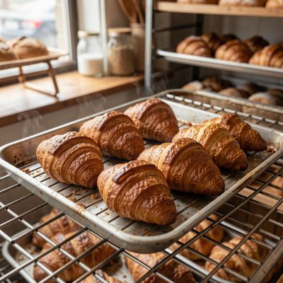 a tray of croissants cooling on a bakery rack