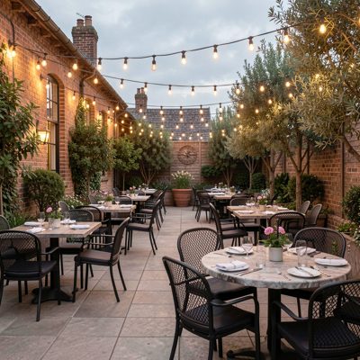 an outdoor terrace with tables under string lights