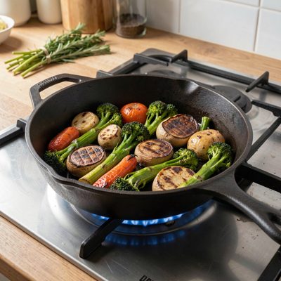 a cast iron skillet with roasted vegetables on a hob
