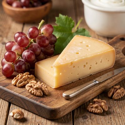 a cheese board with grapes, nuts and a small knife