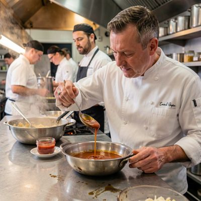 a chef tasting sauce from a spoon at the pass