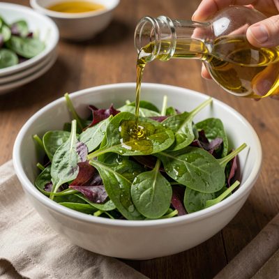 a bowl of salad greens with olive oil being poured over
