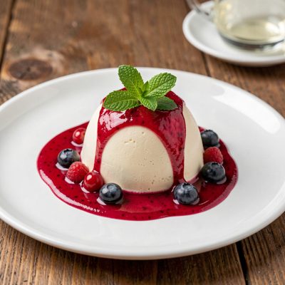 a dessert plated with berry coulis and mint