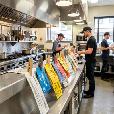 a busy kitchen pass with tickets clipped in a row