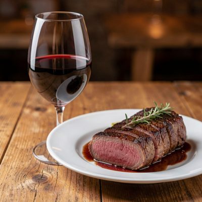 a glass of red wine beside a plated steak