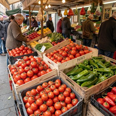 a market stall with crates of tomatoes and peppers