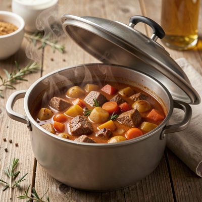 a pot of stew simmering with the lid tilted open