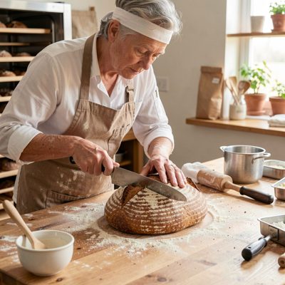 a baker scoring a sourdough loaf before baking