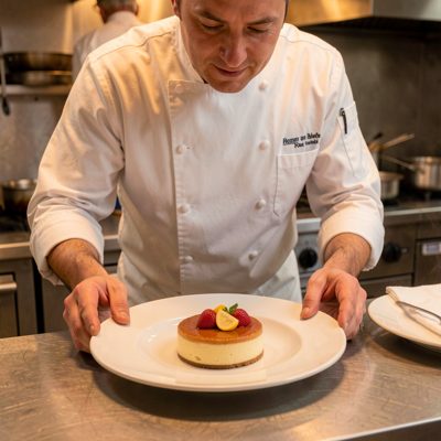 a chef in whites plating dessert under warm light