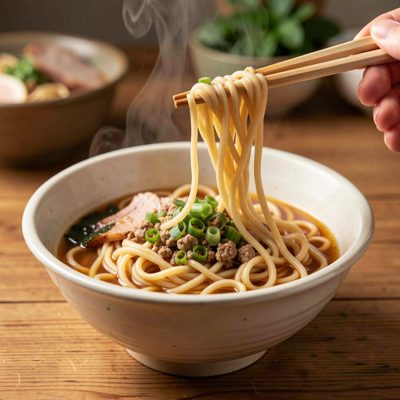 a bowl of noodles being lifted with chopsticks