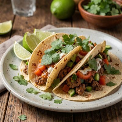 a taco plate with lime wedges and coriander