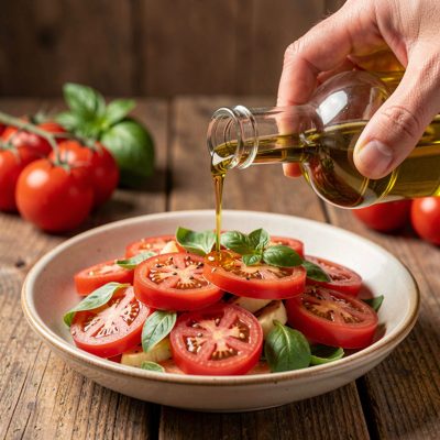 a hand pouring olive oil over a tomato salad