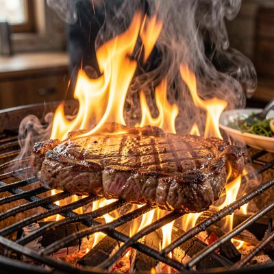 a grill with steaks searing and flames rising