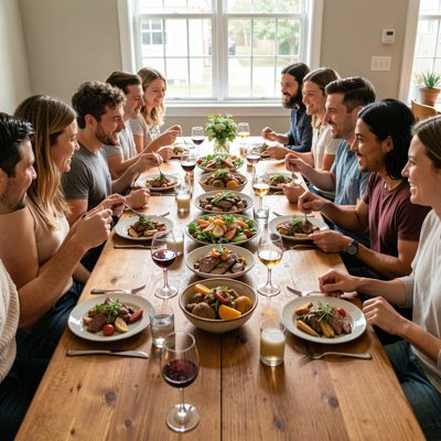 a table of friends sharing plates at a long table