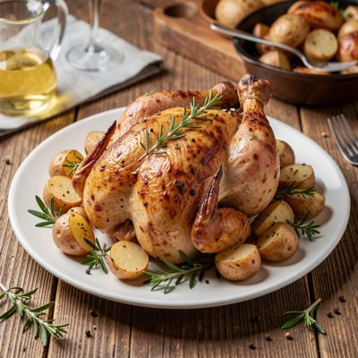 a plate of roast chicken with herbs and potatoes