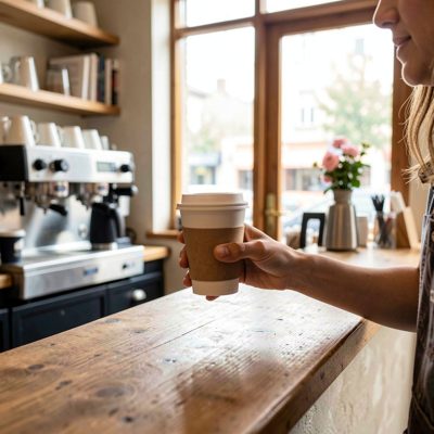 a barista handing a takeaway cup across the counter