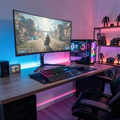 a gaming desk with a wide monitor and coloured lighting