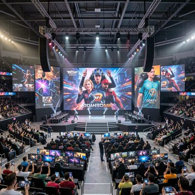 an esports arena with a stage and screens