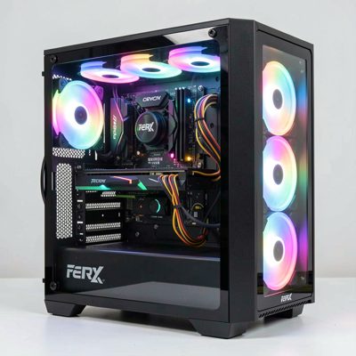 a gaming pc with a glass side panel