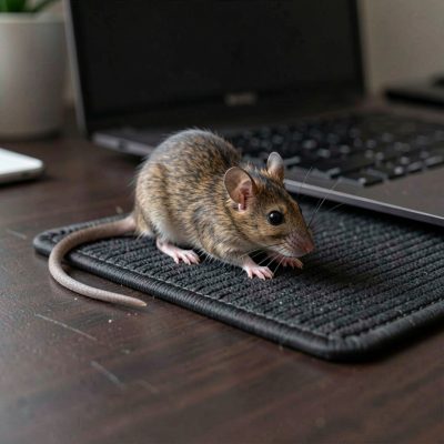 a mouse and mat on a dark desk