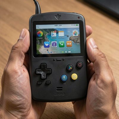 a handheld console held in two hands