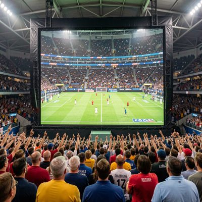 a tournament crowd watching a large screen