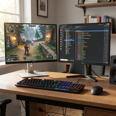 a desk with two monitors showing a game and chat