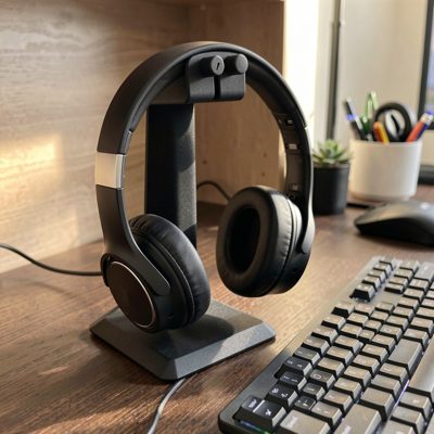 a headset resting on a stand beside a keyboard
