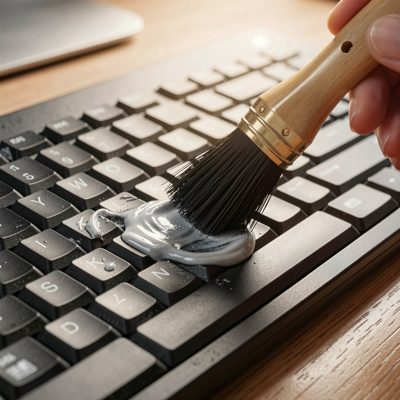 a keyboard being cleaned with a brush